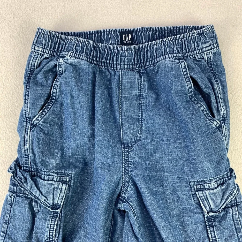 GAP Parachute Pant Cargo Pants Kids L Blue Denim Elastic Waist Snap Hem Utility